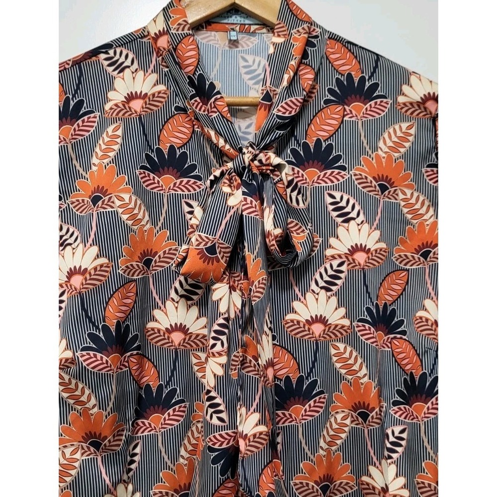Hawes & Curtis Navy Rust Floral Bow Neck Button Up Office Blouse Sz 22uk/18us - Picture 2 of 9